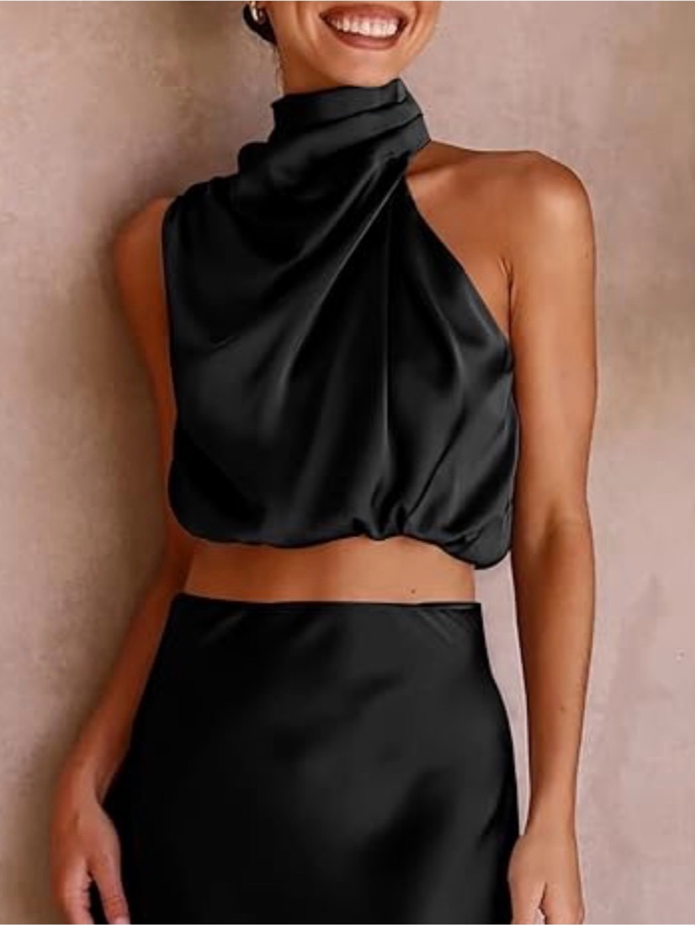 Satin High-Neck Crop Top in Black